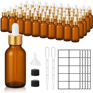 50Pack 1oz Amber Glass Dropper Bottles with Gold Lids, Funnels, Droppers, Extra Caps & Labels  Leakproof, UV Resistant 30ml Empty Bottle for Tinctures, Essential Oils, Beard, Hair Oils