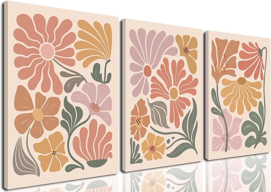 ZZALZSM Floral Boho Wall Art Set of 3 Retro Pastel Colors Flower Posters Minimalist Botanical Canvas Prints Modern Flowers Painting Pictures Mid-Century Decor for Living Room Bedroom 12x16in Framed