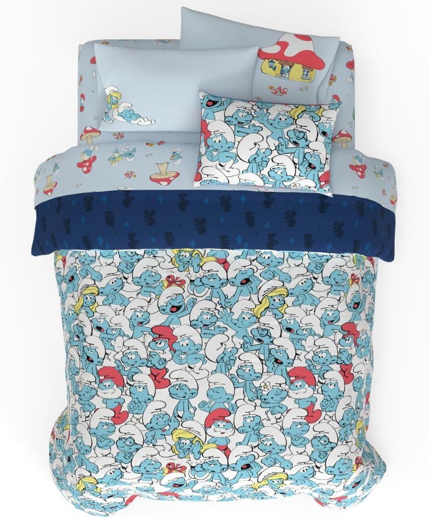 The Smurfs Kids Bedding Super Soft & Cozy Reverisble Microfiber Comforter and Sheet Set with Sham, 7 Piece Queen Size, (Officially Licensed Product) by Franco