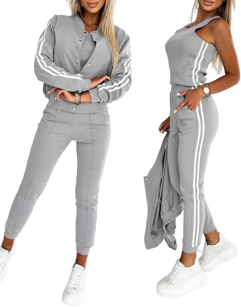 CHICME Women's Three Piece Outfits Striped Tape Patch Tank Tops Bomber Jacket with Sporty Pants Tracksuit Lounge Sets (Gray,Small)
