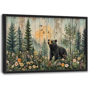 Large Farmhouse Bear Wall Art for Living Room, Forest Bear Wildlife Canvas Oversized Wall Decor, Rustic Wildflower Framed Pictures Painting Print Artwork for Bedroom Office 36" L x 24" W
