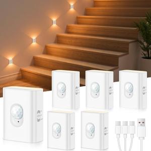 WILLED Rechargeable Motion Sensor Stair Lights Indoor, Warm White Magnetic Stick-on Battery Powered Night Lights for Stairway, Hallway, Bedroom, Closet, 6 Pack