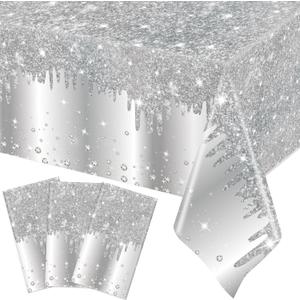 Ganeen 3 Pcs Silver Tablecloths Glitter Diamond Disposable Plastic Table Cover Sequin Printed Rectangle Tablecloths for Girl Women Birthday Wedding Party Decor Supplies, 54 x 108 Inch