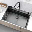33 Inch Black Waterfall Kitchen Sink Stainless Steel Workstation, 33x22 Drop In Kitchen Sink with Waterfall and Faucet Combo 16 Gauge Multifunctional Single Bowl Upgraded Sinks