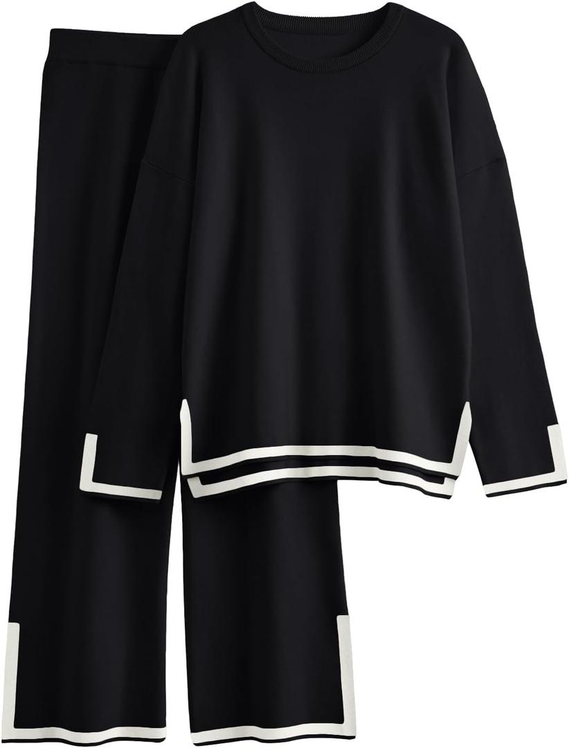 LILLUSORY Women Fall 2 Piece Lounge Set Outfits Sweatsuits Long Sleeve Sweater Tops Wide Leg Pants (Medium, Black)