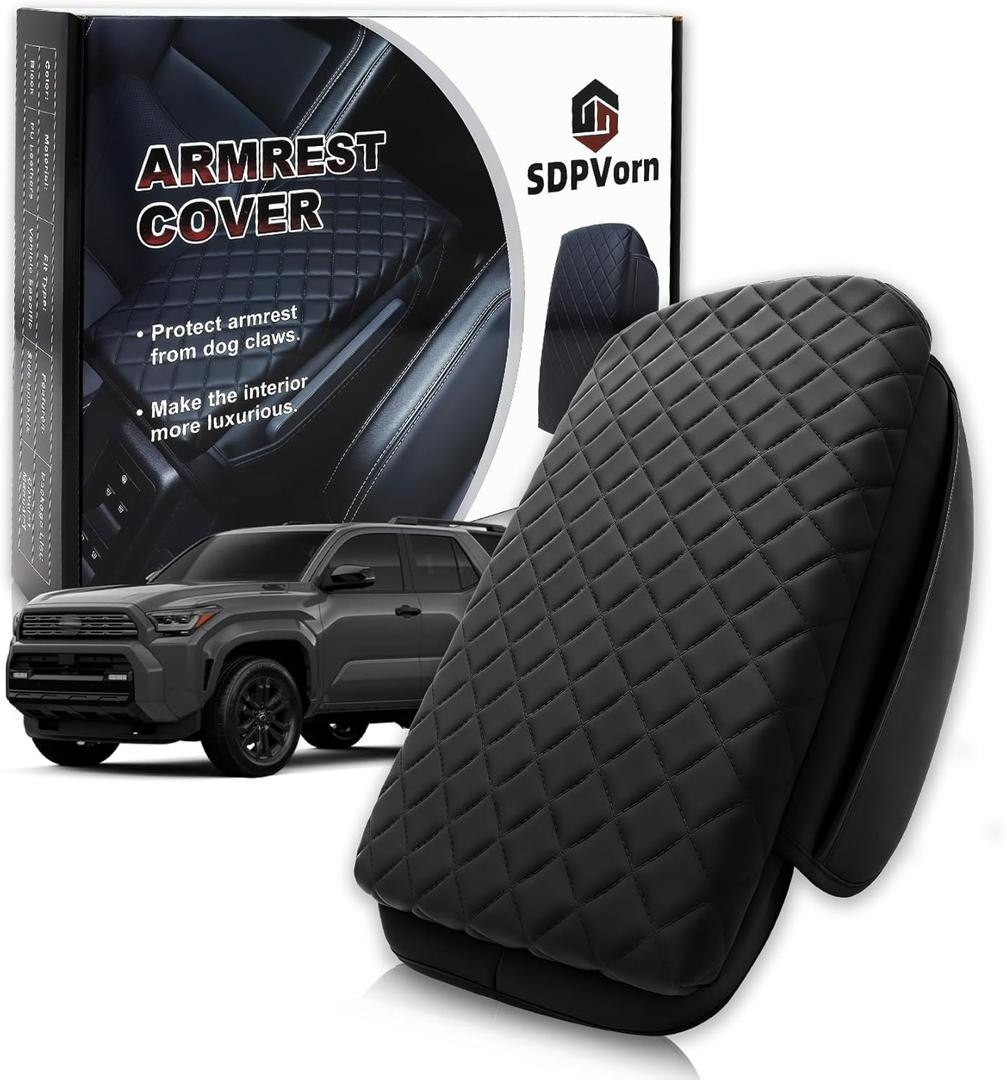 Armrest Cover for Toyota 4Runner Center Console Pad with Organizer Storage Pockets, Black Faux Leather Arm Rest Lid Protector Cushion Interior Accessories (2025-2026)