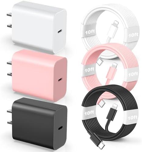 Compatible with iPhone 14 13 12 Charger, 20W Fast Charging Wall Charger, 10 FT USB ightning Cable, Phone Charger Cord for Phone 14/ 13/ 12/ 12 Pro Max/ 11/ Xs Max/ XR/ X, AirPods Pro and More(White/ Pink/ Black)