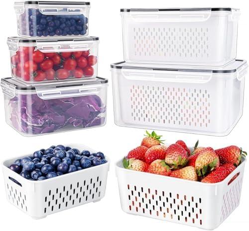 4 PCS Large Fruit Containers for Fridge - Leakproof Food Storage Containers with Removable Colander - Dishwasher & microwave safe Produce Containers Keep Fruits, Vegetables, Berry, Meat Fresh longer