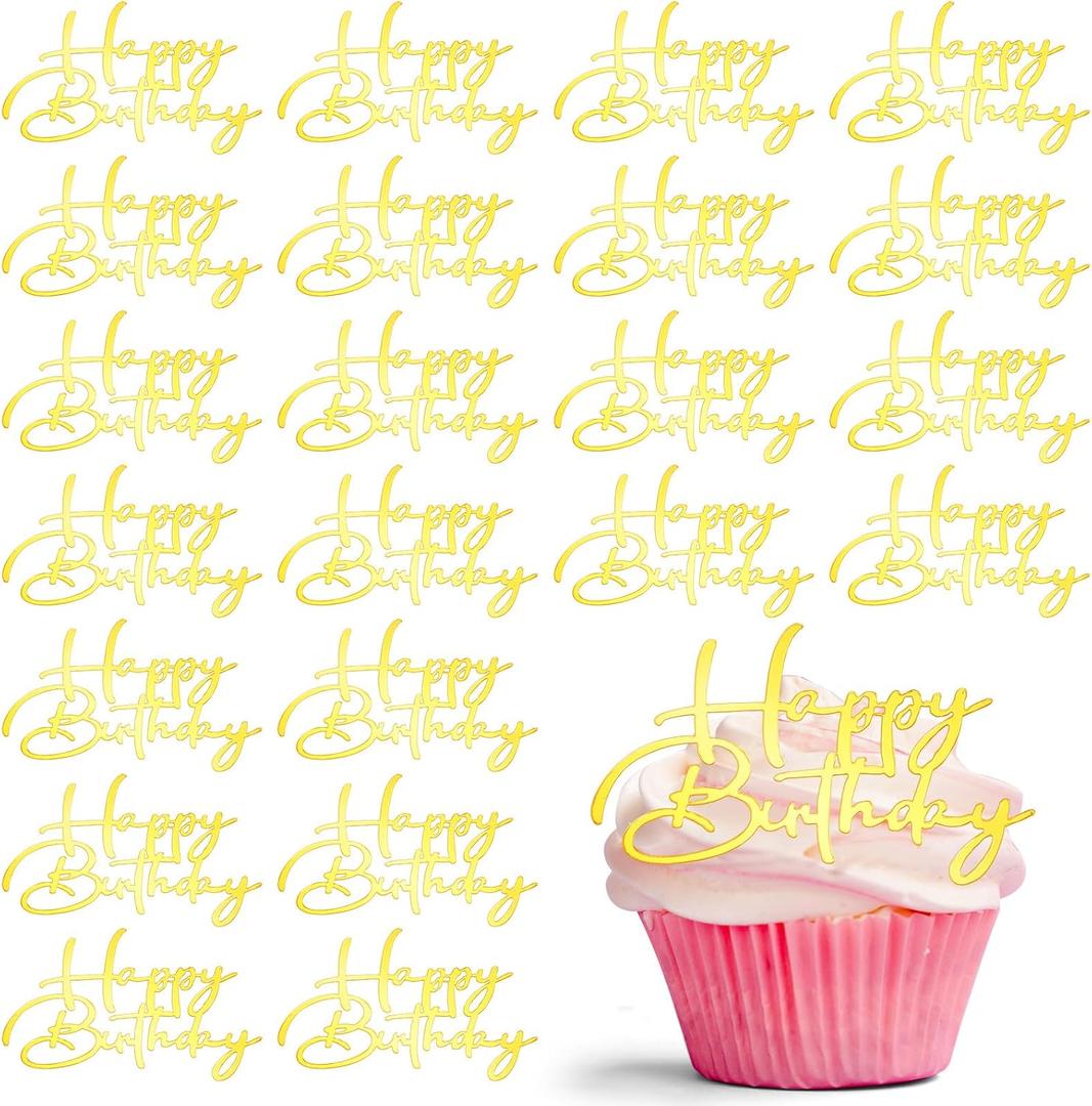Weysat 30 Pcs Gold Mirror Acrylic Cupcake Toppers Happy Birthday Cake Decorations for Birthday Party Cupcake Toppers