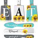 Yerliker 6 Pieces Sunflower Kitchen Decor Eat Signs Fork and Spoon Wall Decor Cutting Board Eat Sign Set Rustic Primitive Country Farmhouse Kitchen Decor for Kitchen Home Decoration (Blue)