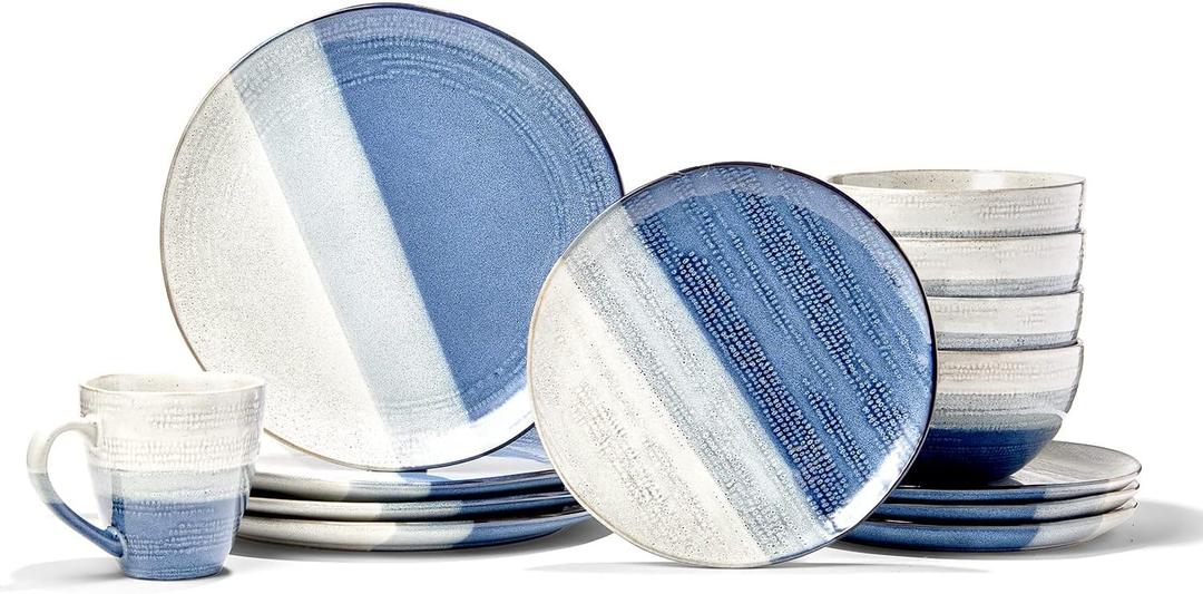 American Atelier Gaia Casual Round Dinnerware Set  16-Piece Stoneware Dinner Party Collection w/ 4 Dinner Plates, 4 Salad Plates, 4 Bowls & 4 Mugs, Blue,7671-16-RB