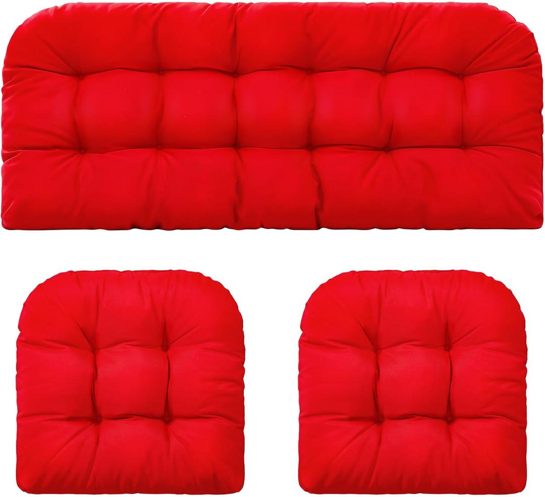 Barydat 3 Pack Outdoor/Indoor All Weather Tufted Wicker Chair Cushions 1 Loveseat and 2 U-Shape Rattan Waterproof Cushions for Patio Furniture, Rattan Love Seat, Bench(Red)