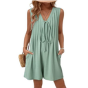 AlvaQ Womens Rompers Summer Loose Sleeveless Pleated Tie Front V Neck Shorts Jumpsuits with Pockets L
