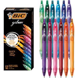 BIC Gelocity Quick Dry Assorted Colors Gel Pens, Medium Point (0.7mm), 12-Count Pack, Retractable Gel Pens With Comfortable Full Grip