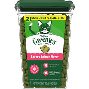 Greenies Cat Treats, Feline Veterinarian-Recommended Adult Natural Dental Cat Treats, Savory Salmon Flavor, 21 oz. Tub, Expiry: 11/30/27