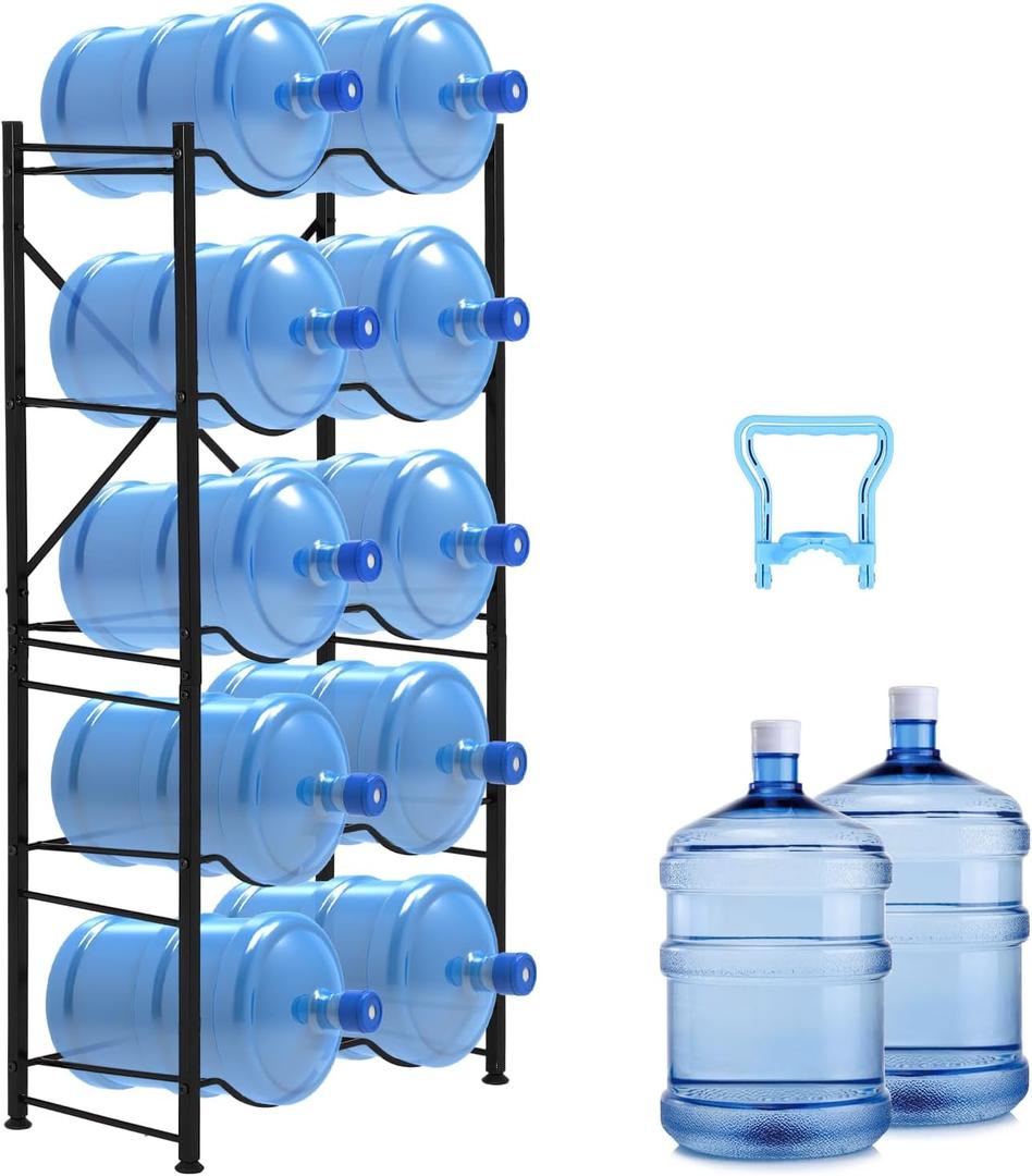 5 Gallon Water Bottle Holder for 10 Bottles, 5 Tier Double Row Water Jug Rack with Detachable Heavy Duty Metal Frame, Space Saving Water Jug Stand for Office, Kitchen, Garage, Gym, and Restaurant