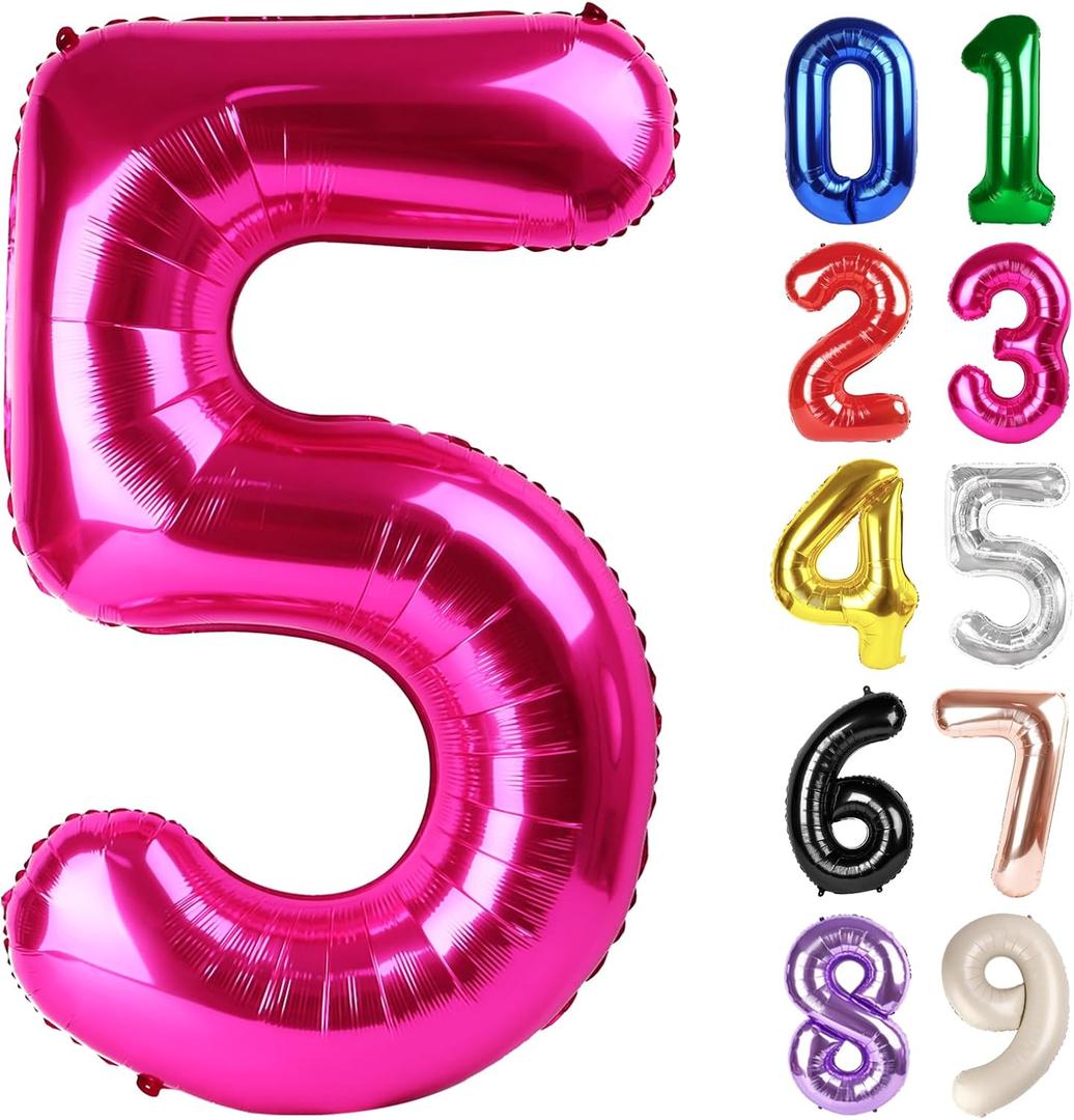 5 Balloon - Hot Pink Birthday Number Balloons, 40 Inch Large Foil Balloons for Men Women Boys Girls Hot Pink Themed Birthday Decorations
