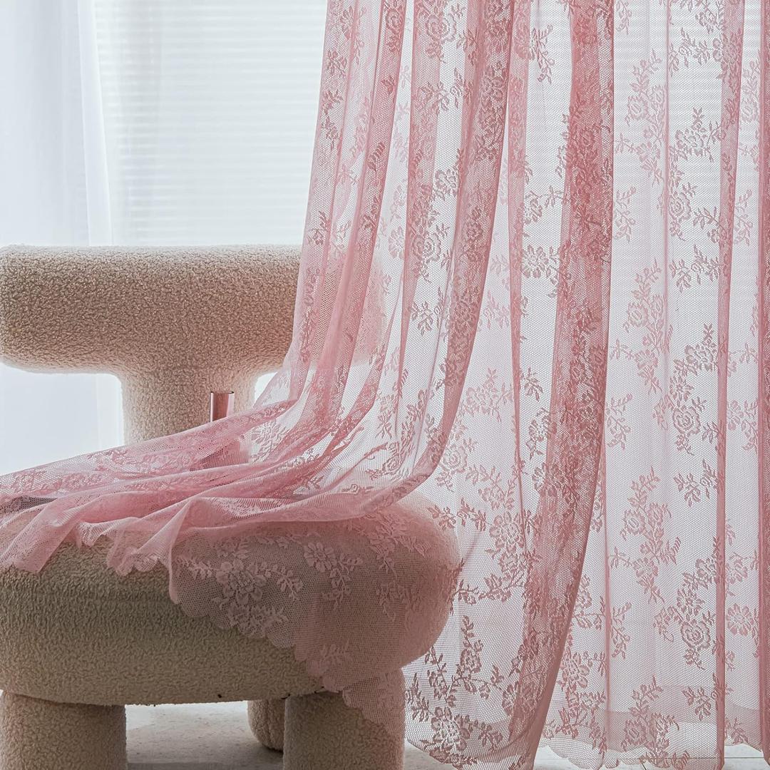 Deeprove Pink Lace Curtains 84 Inches Long 2 Panels Set, Blush Boho Sheer Floral Embroideried Vintage Window Treatment Pair Privacy French Drape for Girls' Nursery Bedroom, Width 57" x Length 84"