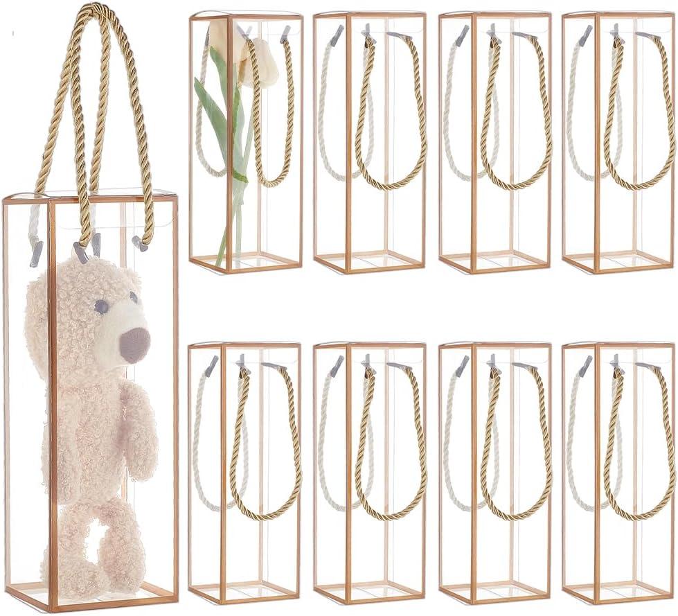 BENECREAT 10 Sets Transparent Plastic Gift Box, 2.8x2.8x8.3 Inch Clear PET Plastic Favor Box, Rectangle Candy Box with Golden Borders and Cord for Bridal Gift Wrapping Packaging