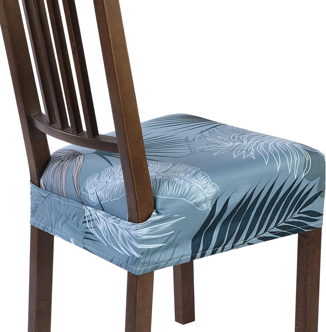 SearchI Stretch Dining Chair Seat Covers Set of 6, Soft Removable Washable Seat Covers for Dining Chairs, Dining Room Seat Cover Slipcover Protector (Rear-Covered, Blue Foliage)