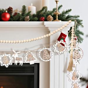 Jetec 2 Pcs Wooden Christmas Garland with Wood Beads Rustic Farmhouse Mantelpiece Ornaments Vintage Christmas Decor Wall Hanging Holiday Decorations