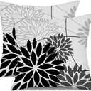 Black Grey Floral Pillow Covers 18x18 Set of 2 Outdoor Waterproof White Colored Decorative Throw Pillows Summer Pillowcase Polyester Cushion Case Decor for Couch Patio Funiture Garden Porch 01L18