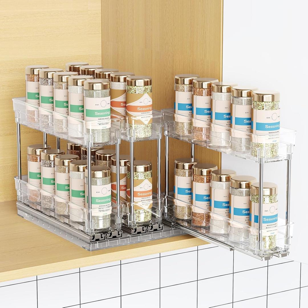 Mystozer Pull Out Spice Rack Organizer for Cabinet, Slide Out Spice Racks Organizer, Easy to Install Spice Cabinet Organizers, 2.3''Wx10.66''Dx8.11''H, 3 Packs-2 Tiers(Clear)