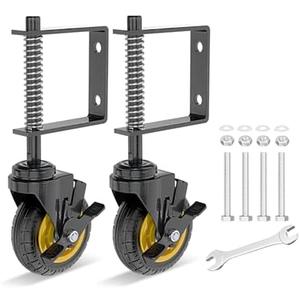 Lygoeege Only 1 Pack Gate Wheel with Brake 4inch Gate Caster for Wooden Gate, 250-500lbs Capacity, Spring-Loaded Absorbing Solid Rubber Tire Gate Wheels, with Screws & Screwdriver