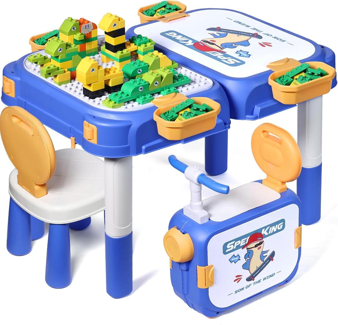 Toddler Table and Chair Set, Water/Sand Sensory Rideable Building Block Kids Table and Chairs with 90 Pcs Compatible Large Bricks, Activity Table with Storage, STEM Toys for Kids Ages 3+