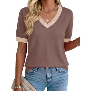 Rapbin Womens Short Sleeve Sweater Summer V Neck Tops Casual Knit Shirts Lightweight Pullover Top, Large