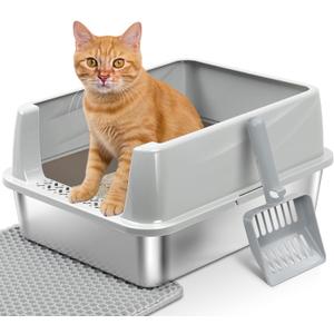 Stainless Steel Litter Box with Lid, Metal Litter Box High Sides, Low Entry Litter Boxes with Scoop and Mat,Non-Stick,Anti-Leakage,Easy to Clean Litterbox for Small to Medium Cats