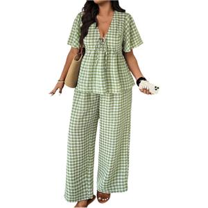 SOLY HUX Women's  2 Piece Outfit Plaid V Neck Shirt and Wide Leg Pants Vacation Set XL Plus