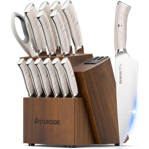 Astercook Knife Set Kitchen with Block and Dual Sharpener Full Tang 15 Pcs German Stainless Steel Knives Dishwasher Safe Kitchen Utensils Set with Anti-slip Ergonomic Handle, Elegant White