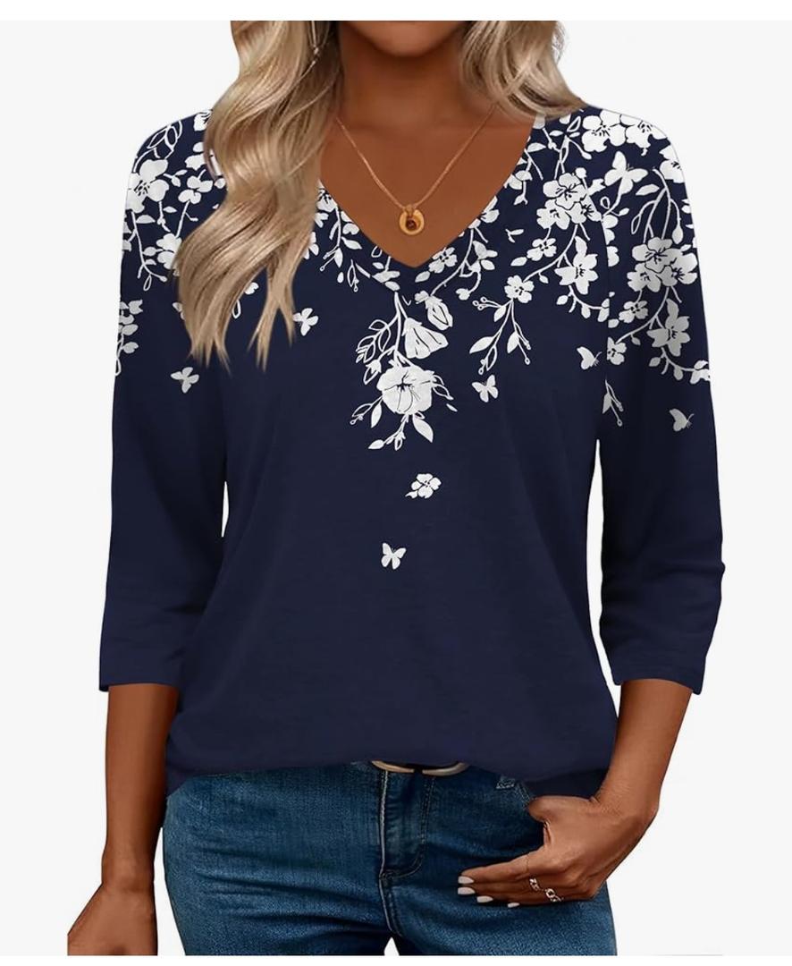Zeagoo 3/4 Length Sleeve Womens Tops Casual V Neck Shirts Soft Basic Tees Business Work Blouses L