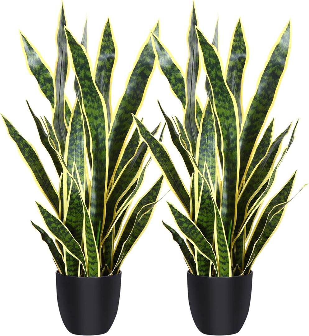 CROSOFMI Artificial Snake Plant 35 Inch Fake Sansevieria Tree with 32 Leaves Perfect Faux Mother in Law Plants in Pot for Indoor House Home Office Garden Modern Decoration Housewarming Gift,2Pack (Black Pot)