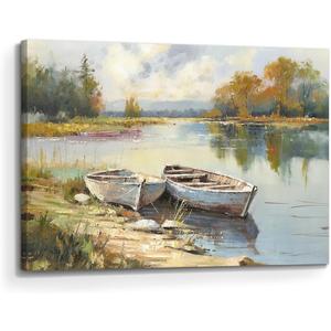 the stream design Lake Wall Art Canvas Painting: Landscape Nature Picture Textured Boat Print Decor Living Room Bedroom Artwork Decoration, 24"L x 16"W