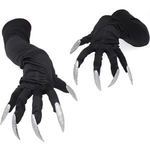Halloween Costume Paw Gloves Long Fingernails Black Party Gloves Cat Claws Halloween Prop Wolf Claws Glove Cosplay Costume (Silver)