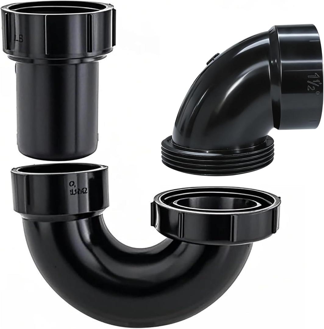 Lesso ABS Adjustable P Trap1 1/2 Inch for RV Drain Bathroom Kitchen Sink Drain Pipe Tubular Kit with White Threaded Adapter Ring