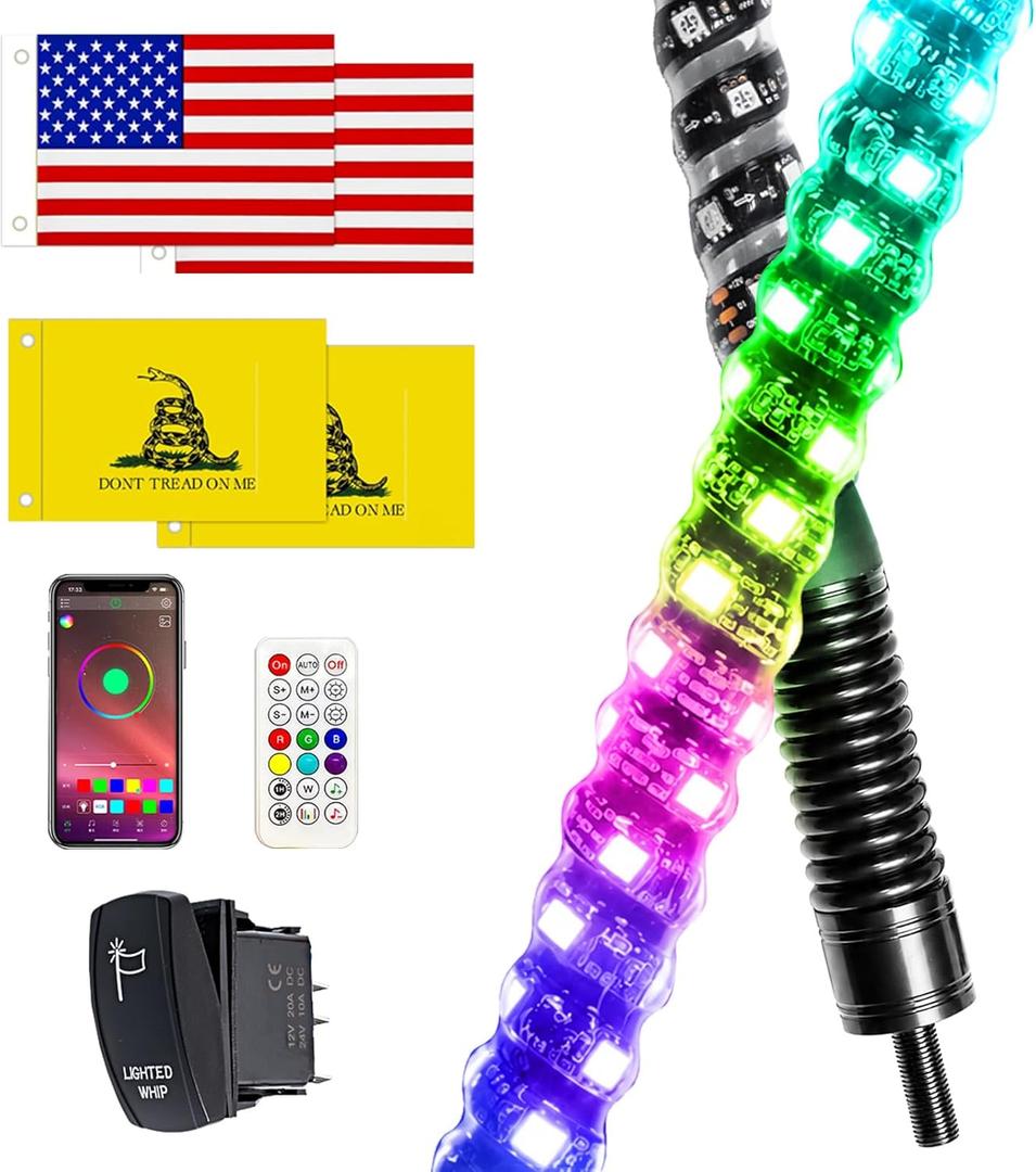 2PCS 2FT Whip Lights with Spring Base, Whip Lights for Side by Side with App & Remote Control, Spiral RGB Chasing Lighted Antenna Whips, Music LED Whip Light for ATV UTV RZR SXS Can-Am