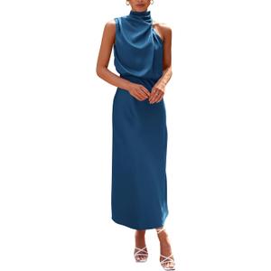 PRETTYGARDEN Women's 2026 Summer Satin Dress Elegant Sleeveless Mock Neck Cocktail Party Maxi Dresses (Blue, L)