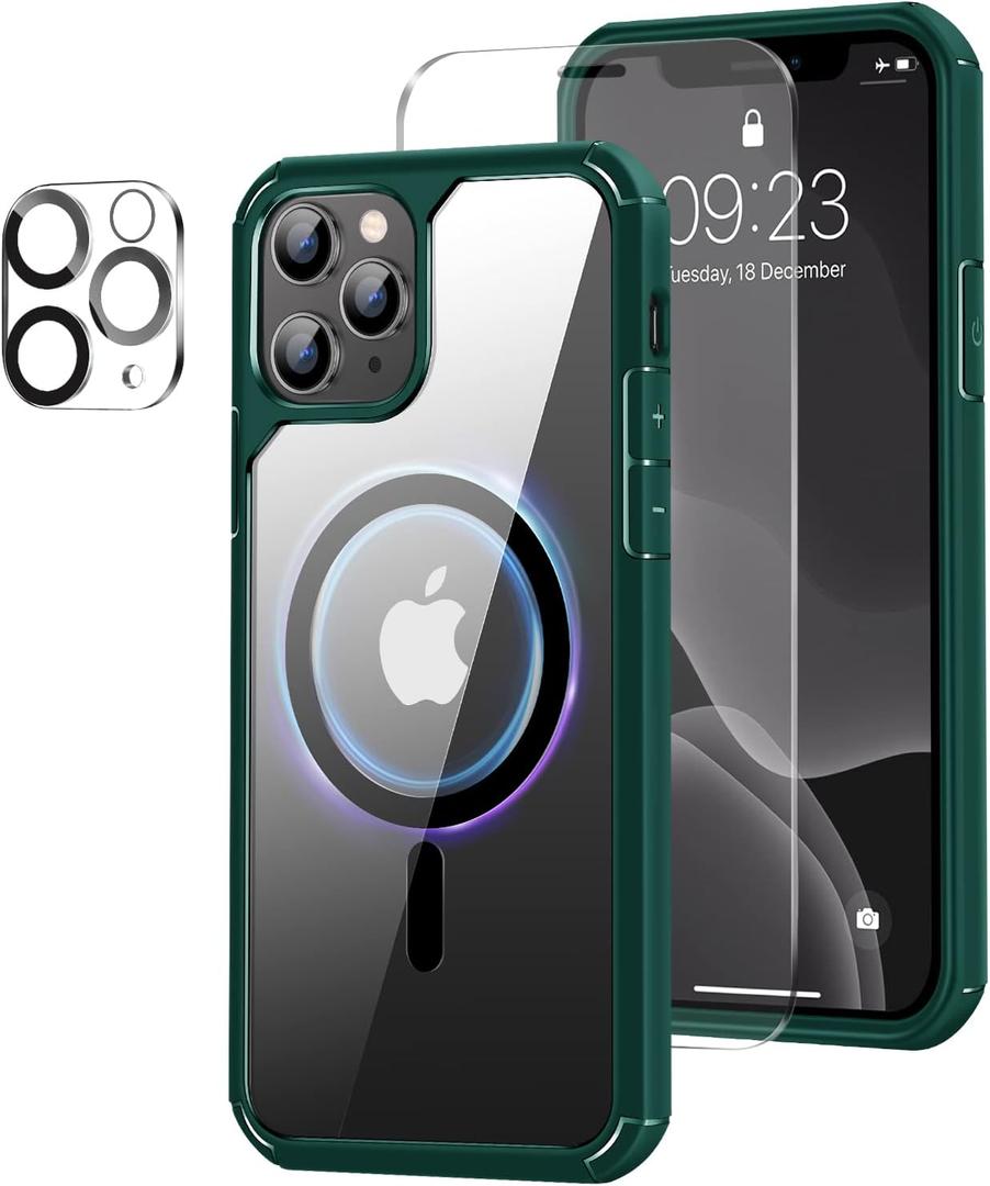 Amizee Magnetic Case Compatible with iPhone 11 Pro Max Case [Compatible with MagSafe] with Screen Protector and Camera Lens Protector Clear Back Shockproof Protective Phone Case (Green)