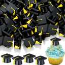 AceOrbit 50 Pcs Mini Grad Hat Figures Bulk Tiny Resin 2026 Grad Hat Figurine Toys with Tassels 0.98 Inch Mini 3D Black Graduation Cap Cake Topper Graduation Party Table Tiered Tray Decor (Gold)