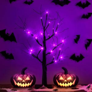 2FT Black Spooky Tree, USB & Battery Operated Tabletop Halloween Tree with Timer for Lighted Indoor Decor (Purple 1 PK)