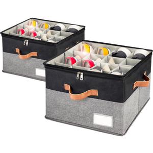 Shoe Organizer for Closet, Foldable Shoe Storage Bins with Clear Cover, Space Saving Shoes Holder with 4 Handles, Large Adjustable Shoe Box Storage Containers, Fits 8-16 Pairs, 2 Pack, Black