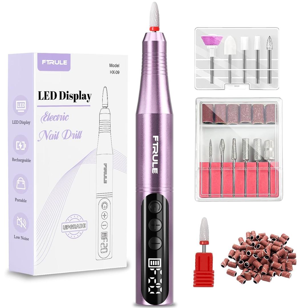 Electric Cordless Nail Drill File: LED Display Professional Portable Nail Drill for Acrylic Gel Dip Powder Nails Manicure Pedicure Kit Tool with Nail Drill Bits Sanding Bands, Purple