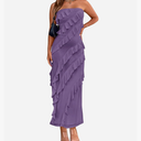 LBTFBM Women Summer Elegant Strapless Midi Ruched Bodycon Dress Solid Color Stretch Mesh Slim Party Cocktail Dresses, XL