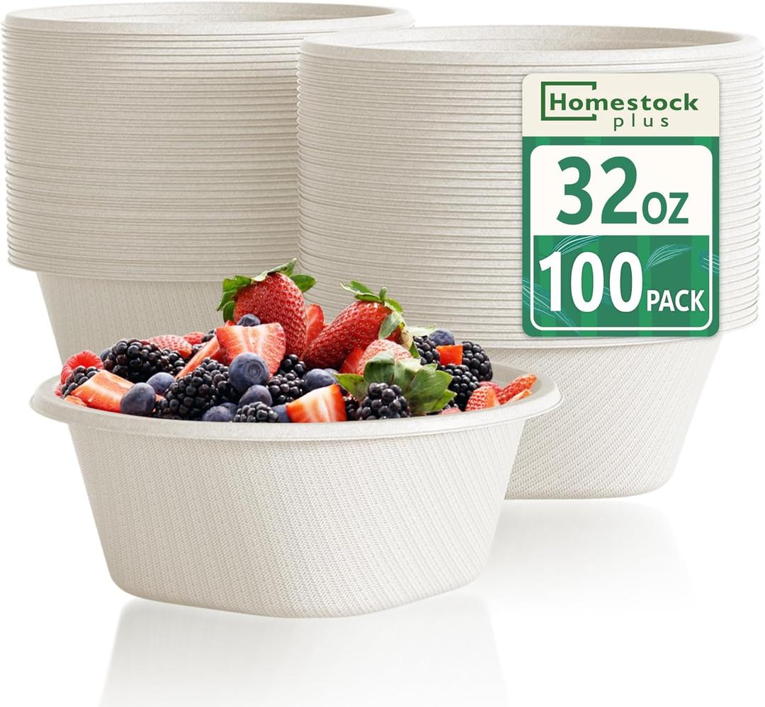Homestockplus 32 Oz Deep Paper Bowls [100 Pack] - Large Disposable Soup Bowls Heavy Duty, Leakproof Compostable Bowls for Ramen, Chili, Salad, Microwave Safe Commercial Containers (White)