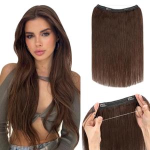 Hairro Wire Hair Extensions Human Hair, Fish Line Invisible Adjustable & Clips in Extensions Straight, 100% Real Hairpieces Seamless Blending for Women, 12 Inch 65g Dark Brown