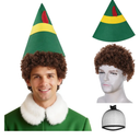 JoneTing Christmas The Elf Wig【+Hair Cap with Hat】Short Brown Curly Wigs for Men Afro Wigs Hat Brown Afro Hairs 70s Disco Costume Hair for Halloween Christmas Cosplay Party Costume Outfit Accessories