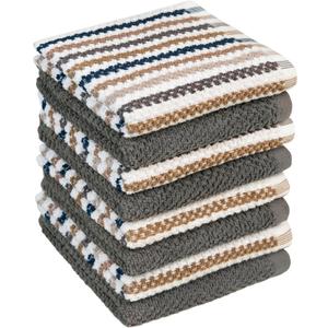 Bumble Premium Dish Cloths Towel 12"x12" | 100% Natural Ring Spun Cotton Tea Towel Set | 430 GSM | Highly Absorbent & Soft Dish Towels | 8 Pack - 4 Popcorn Wide Striped & 4 Solid Kitchen Towels - Gray (Grey - Wide Stripes)